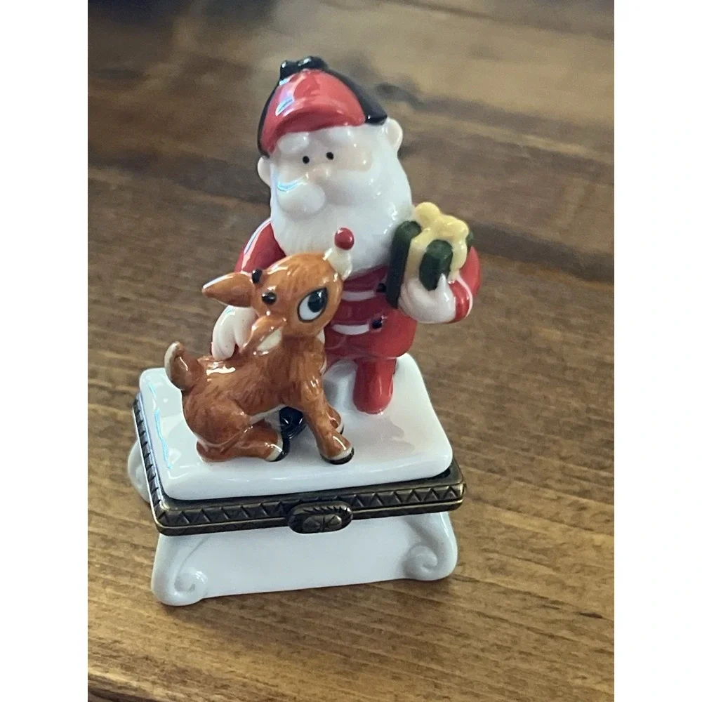 PHB Midwest of Cannon Falls Rudolph & Santa Porcelain Hinged Trinket Box 1999
